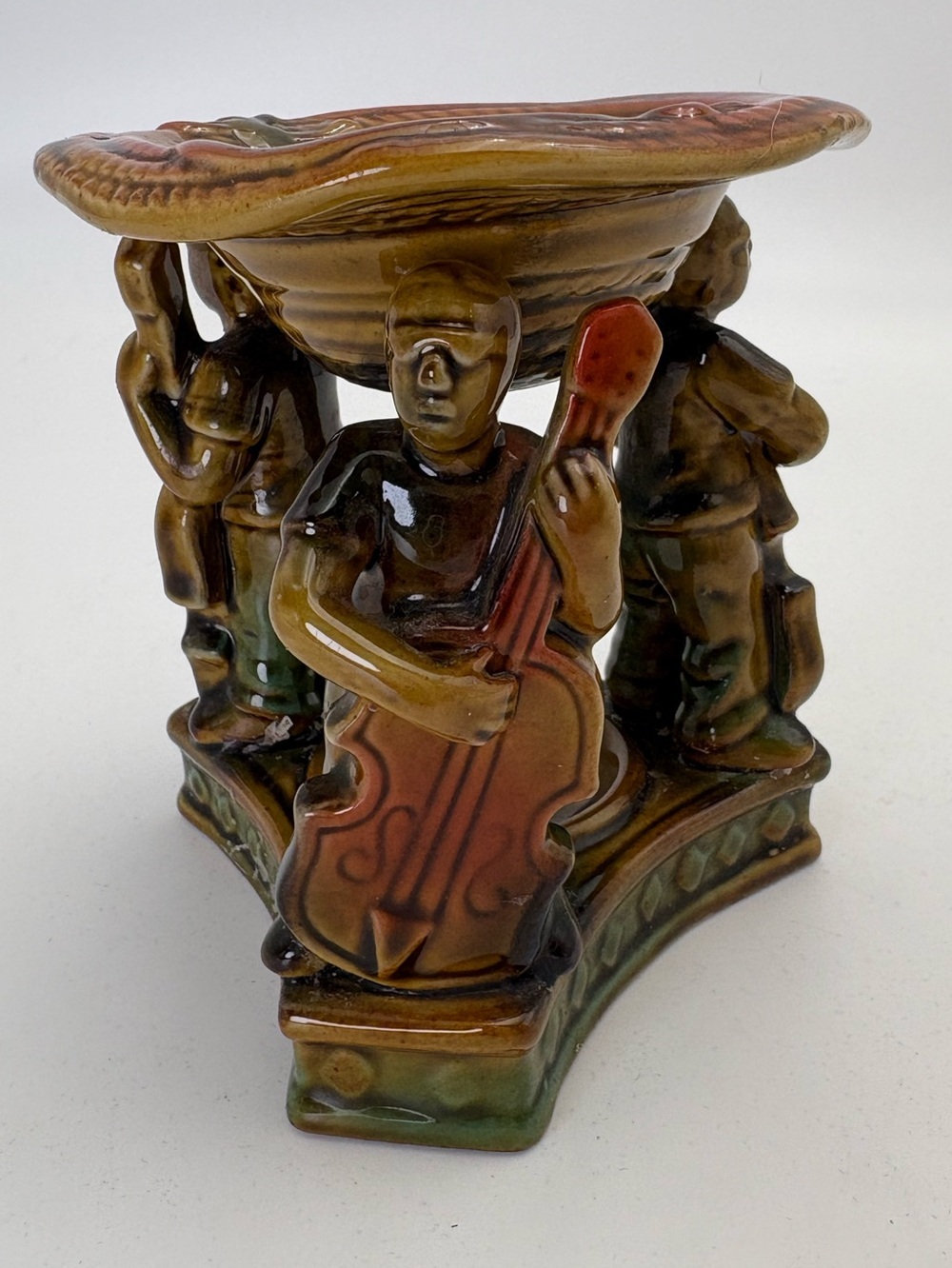 Vintage Majolica Style Musician Figurine Accent Bowl, Tea Light Holder or Dish